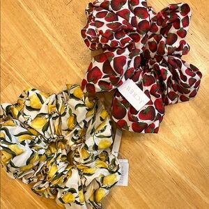 Two NWT J. Crew Fruit Print Scrunchies - Lemon and Strawberry